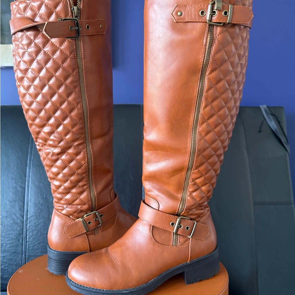 Quilted Tan Knee-High Boots